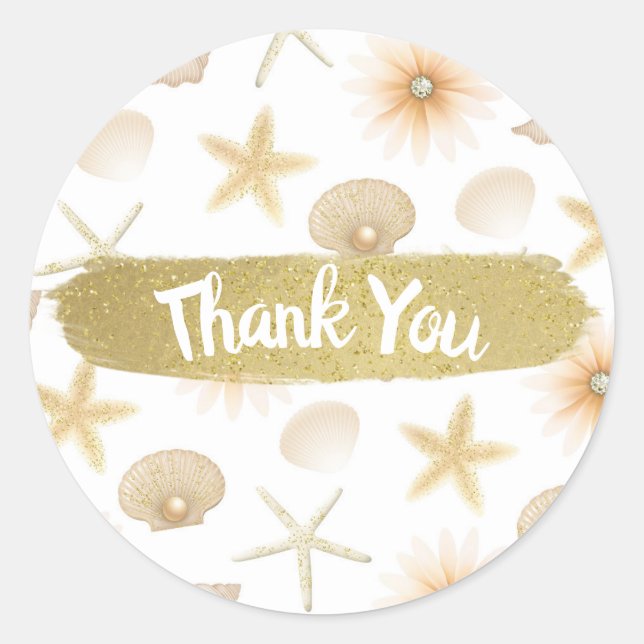 Adesivo Redondo Conchas e Flores de Peach Beach para Casamento Mod (Frente)