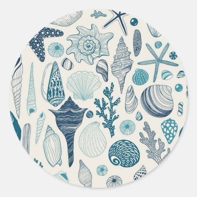 Adesivo Redondo Conchas marítimas em branco (Frente)