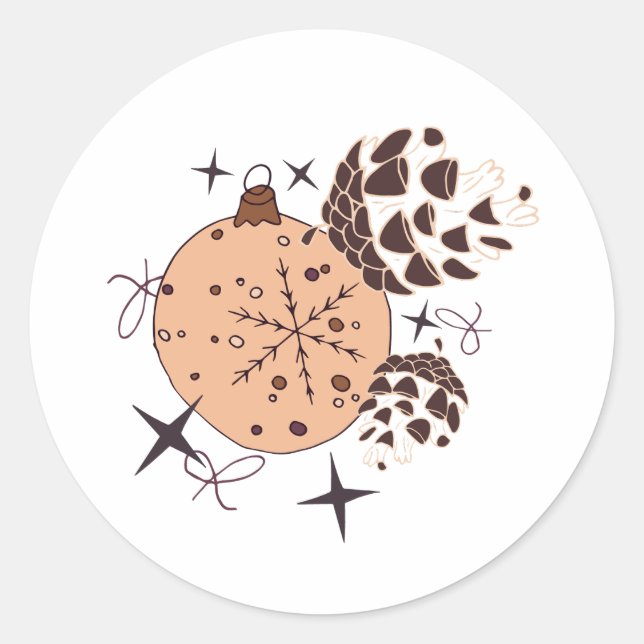 Adesivo Redondo Condecoração de Natal castanho, cone e estrela em (Frente)