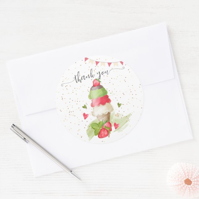 Adesivo Redondo Cone de sorvete de morango "obrigado você" (Envelope)