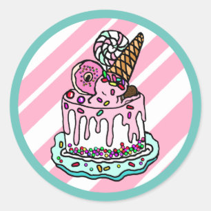 Adesivo Redondo Cone de Sorvete Rosa Granulado de Bolo de Aniversá