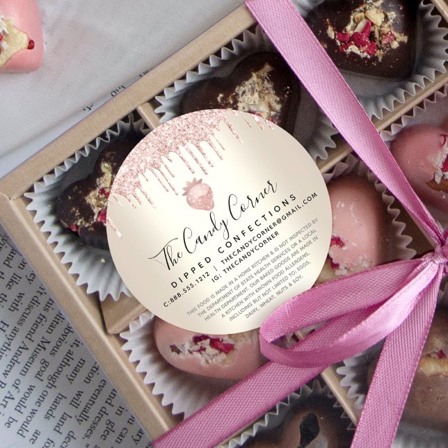 Adesivo Redondo Confecção Dourada de Morango com Coleta Rosa (Criador carregado)