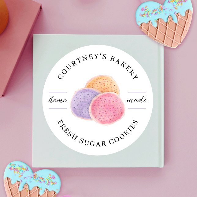 Adesivo Redondo Confeitaria de Cookies Açúcar de Cana-de-Água (Feminine cookies labels with handpainted watercolor cookie art and space for your business name)