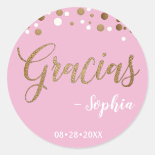 Adesivo Redondo Confetes Rosa e Dourado Gracias Obrigada aniversár