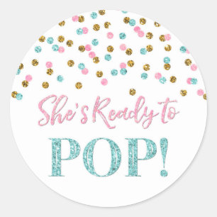 Adesivo Redondo Confetti Dourado Azul Rosa Ela está pronta para Po