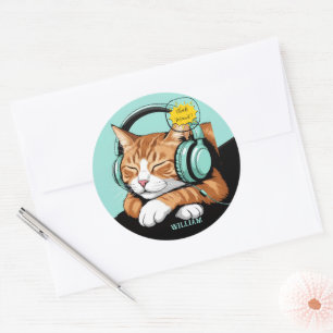 Adesivo Redondo CONFIRA MEO Gato Marrom com Fones de Ouvido – Pers