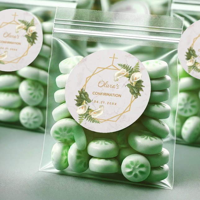 Adesivo Redondo Confirmação Calla Lily Fern Floral Dourado Marble (Criador carregado)