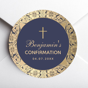 Adesivo Redondo Confirmação de Garoto Vintage Rosas Dourados Marin