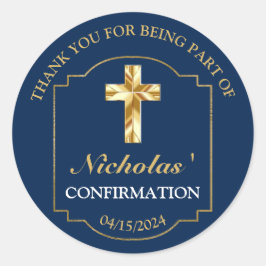 Adesivo Redondo Confirmação de Meninos Dourados Azuis Elegantes - 