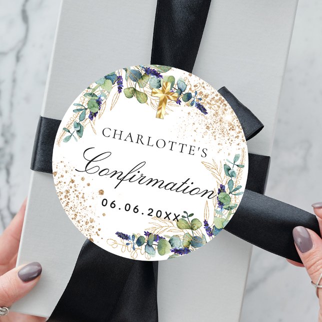 Adesivo Redondo Confirmação de ouro de eucalipto verde (Criador carregado)