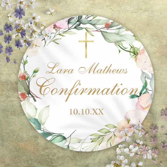 Adesivo Redondo Confirmação de Script Dourado do Rosa Floral Garla (Roses Floral Garland Gold Script Confirmation Classic Round Sticker)