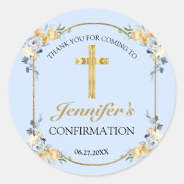 Adesivo Redondo Confirmação Floral do Pêssego Azul Elegante Obriga