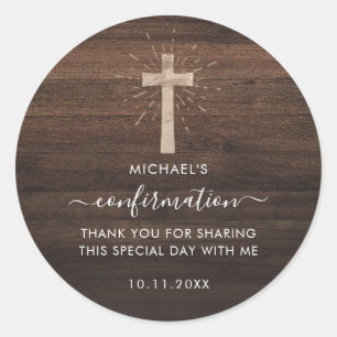 Adesivo Redondo Confirmação Rustic Wood Cross Personalizada