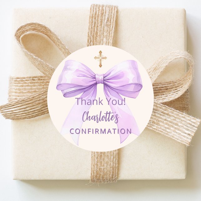 Adesivo Redondo Confirmation lavender bow ivory cross thank you (Criador carregado)