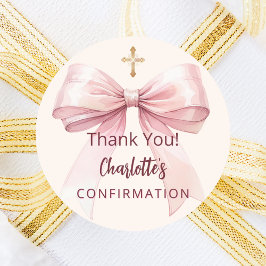 Adesivo Redondo Confirmation pink bow girl ivory cross thank you