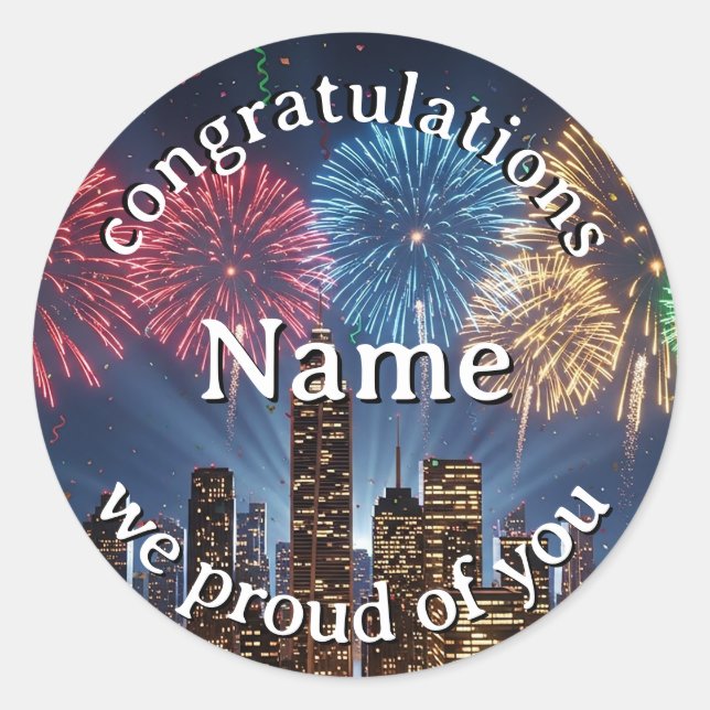 Adesivo Redondo Congratulations Custom Name Fireworks City Skyline (Frente)