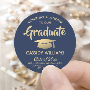 Adesivo Redondo Congratulations Navy Blue Gold Modern Graduation