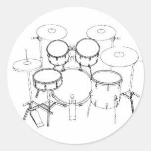 Adesivo Redondo Conjunto de Bateria de 5 Peças: Desenho Preto e Br