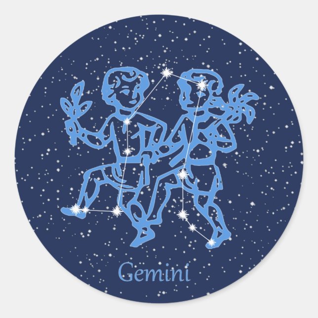 Adesivo Redondo Constelação Gemini e Sinal Zodíaco com Estrelas (Frente)