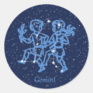Adesivo Redondo Constelação Gemini e Sinal Zodíaco com Estrelas