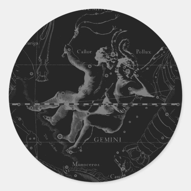 Adesivo Redondo Constelação Gemini Zodiac Hevelius 1690 (Frente)
