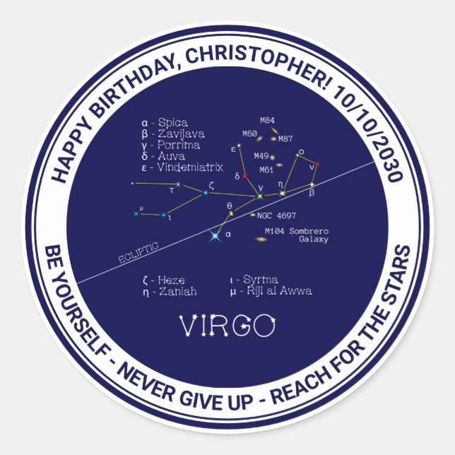 Adesivo Redondo Constelação Zodiac Virgo (Frente)