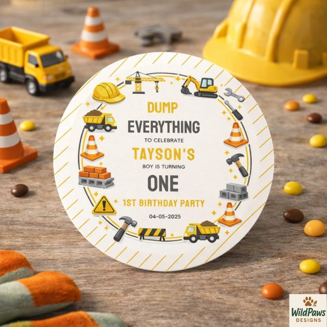 Adesivo Redondo Construction 1ST Birthday | Builder Truck Party (Construction 1ST Birthday | Builder Truck Party Classic Round Sticker)