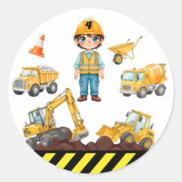 Adesivo Redondo Construction Vehicles Birthday Party Sticker