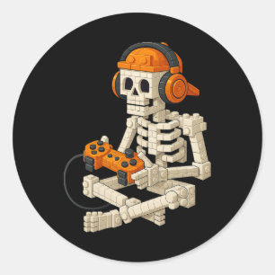 Adesivo Redondo Construindo o Brick Skeleton Vídeo Jogos Halloween