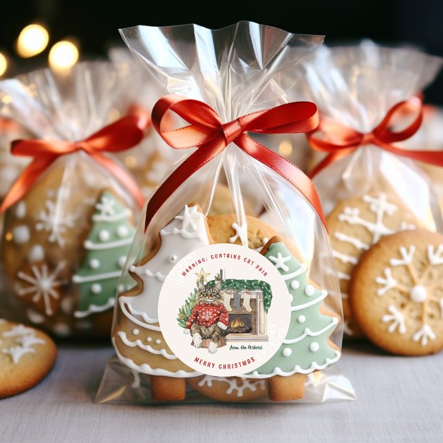 Adesivo Redondo Contém Cabelo de Gato Engraçado Natal Personalizad (Criador carregado)