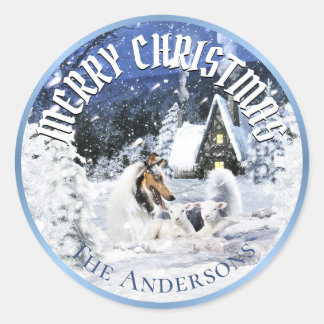 Adesivo Redondo Conto de Fadas de Inverno de Natal, Collie Blue Me