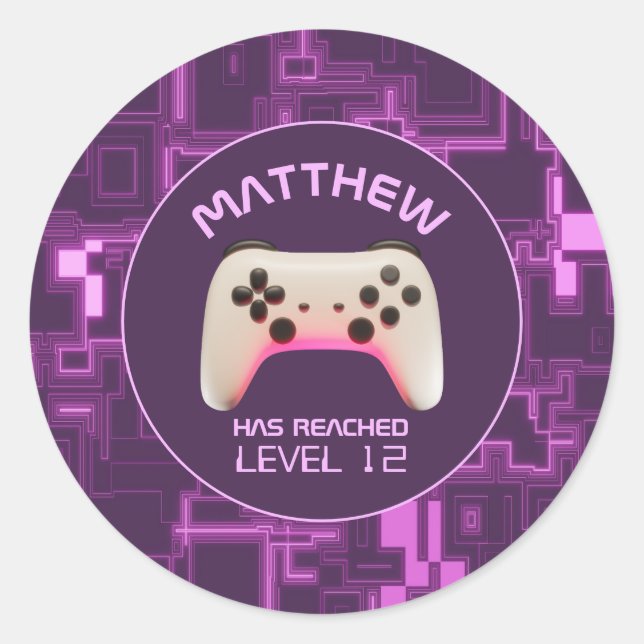 Adesivo Redondo Controlador de Jogo de Vídeo Roxo e Branco (Frente)