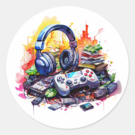 Adesivo Redondo Controlador de Vídeo, Fones de Ouvido, Livros Infa