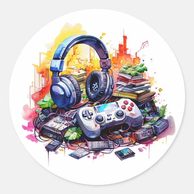 Adesivo Redondo Controladora de vídeo, Fones de ouvido, Livros Ado (Frente)