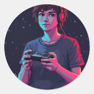 Adesivo Redondo Controle de Jogos Retrô Pixel Art Gamer 8 Bits Nos