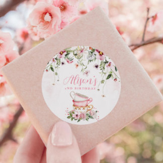 Adesivo Redondo Convite de Aniversário de 2 anos da Festa do Chá 