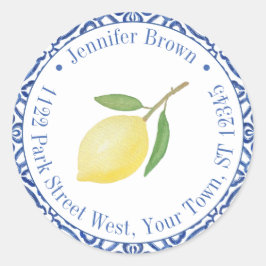 Adesivo Redondo Convite de casamento de limão Capri azul e branco