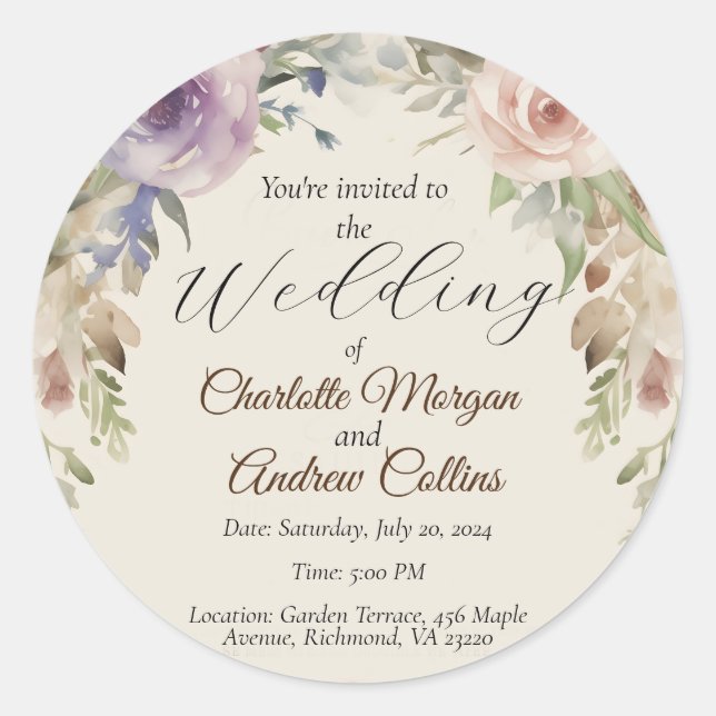 Adesivo Redondo Convite de casamento floral pintado (Frente)