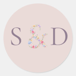 Adesivo Redondo Convite de Casamento Moldura Flor Jardim Aquarela