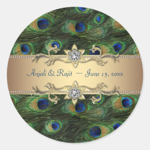 Adesivo Redondo Convite de Casamento Royal Indian Peacock Verde Es