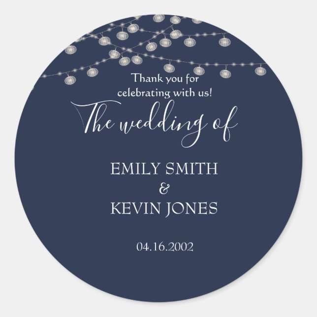 Adesivo Redondo Convite de casamento rústico azul marinho com luze (Frente)