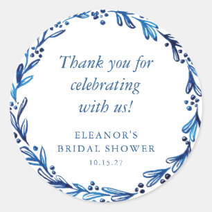 Adesivo Redondo Convite de Chá de Noiva Botânico com Tinta Azul Ín