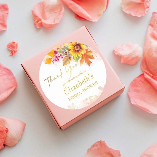 Adesivo Redondo Convite de chá de panela de outono para se apaixon (Fall bridal shower sunflowers autumn foliage thank you favor gift stickers)