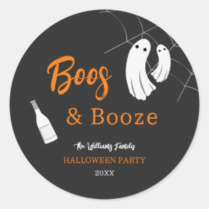 Adesivo Redondo Convite de Halloween Laranja e Preto Boos & Booze