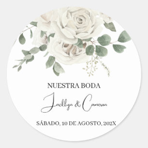 Adesivo Redondo Convite para Casamento Branco Floral Espanhol