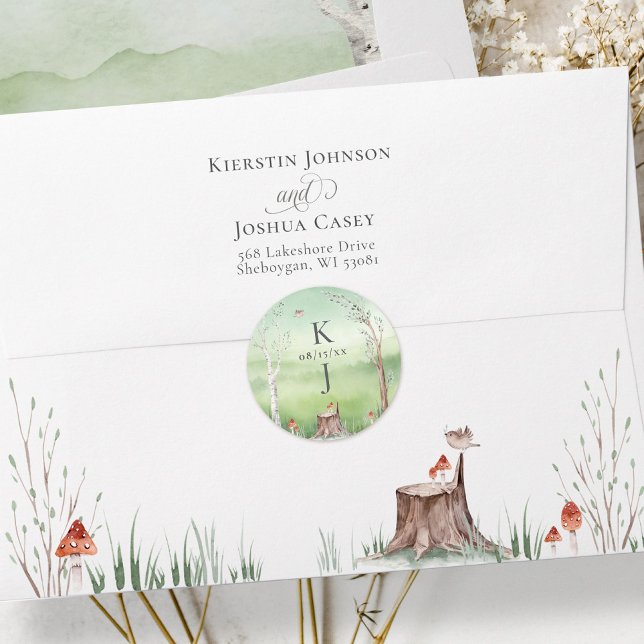 Adesivo Redondo Convite Para Casamento De Boho De Árvore De Aquare (Watercolor green trees whimsical cottagecore wedding monogram invitation envelope closure sticker)