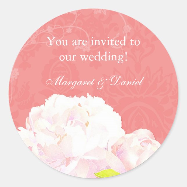 Adesivo Redondo Convite para Casamento de Peony de Coral Reef (Frente)