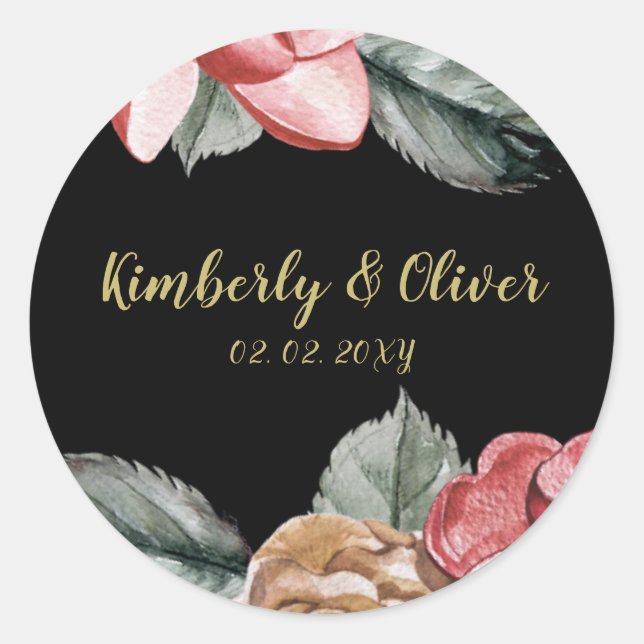 Adesivo Redondo Convite para Casamento Floral de Marsala Black (Frente)