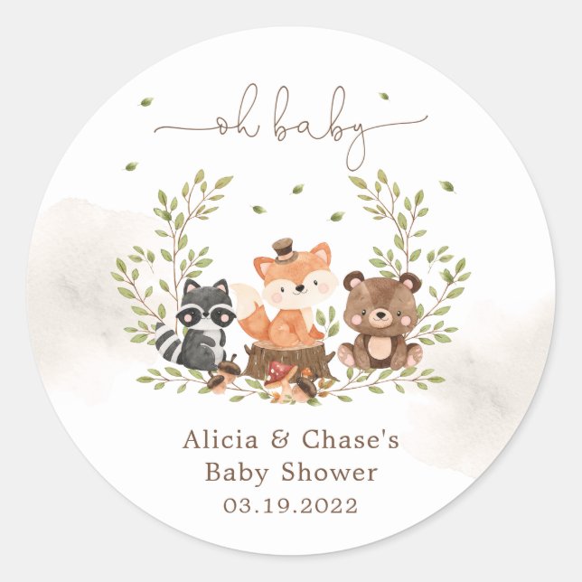 Adesivo Redondo Convite para Chá de Bebê Animais da Floresta (Frente)