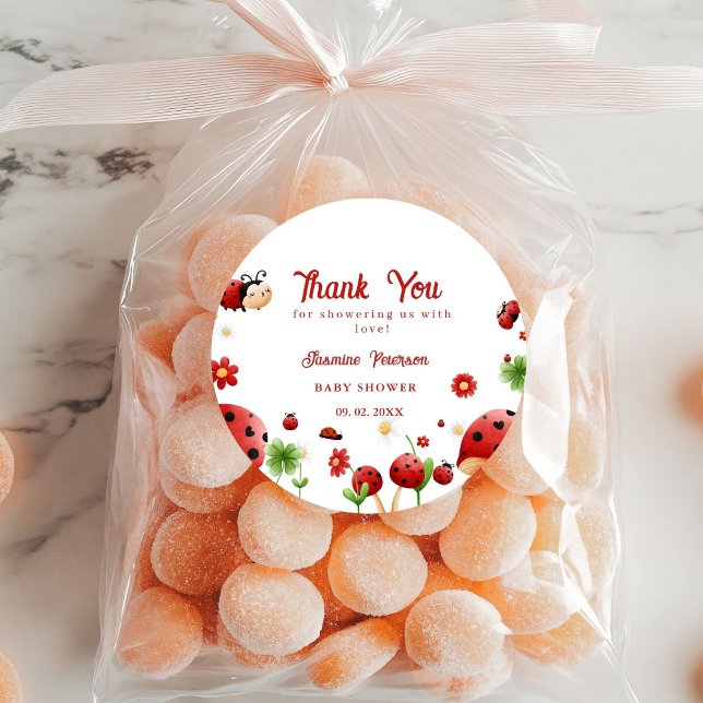 Adesivo Redondo Convite para chá de fraldas de joaninha do jardim  (Criador carregado)